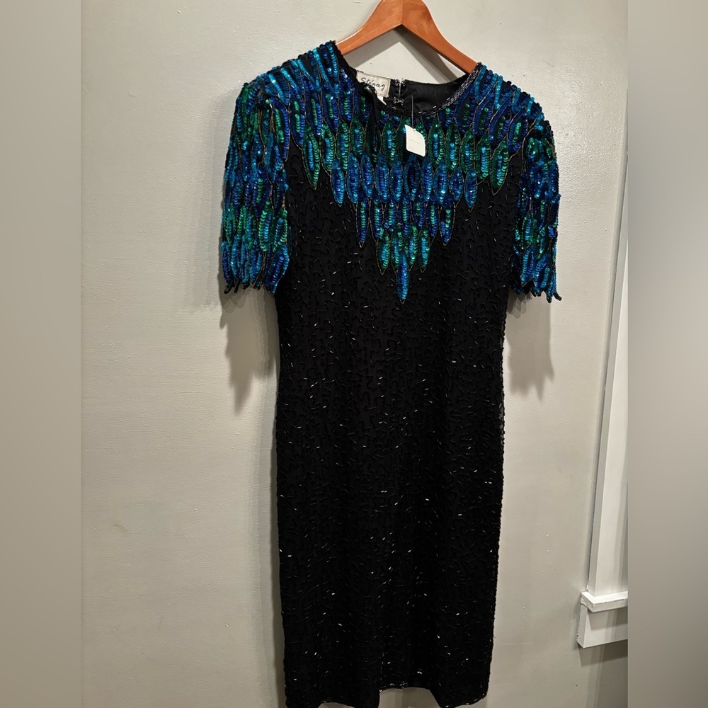 Vintage 100% silk beaded Elegant Black and Blue Sequin Dress stenay size 8 - Picture 4 of 16